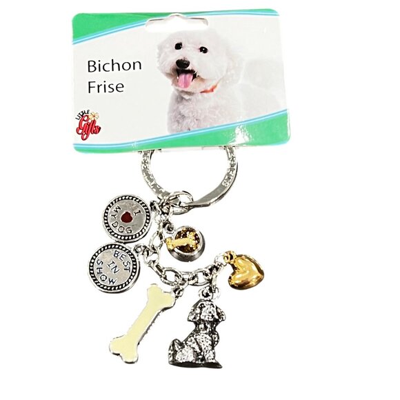 Bichon Frise Dog Keychain With Charms - Best In Show I ♥ My Dog Bone Heart & Pup - Picture 1 of 2